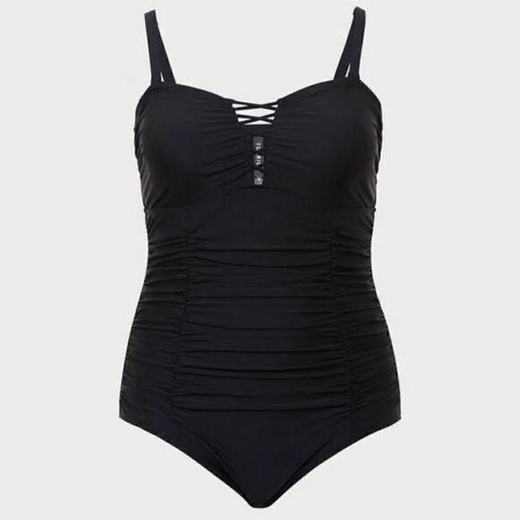 Torrid Slim Fix Black Wireless Lattice Front One Piece Swimsuit 6X 30 - Picture 1 of 13
